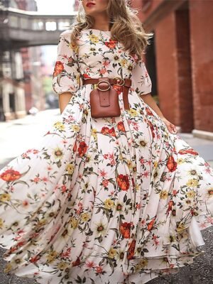Women's Chiffon Floral Print Crew Neck Long Dress Maxi Dress Bohemia White